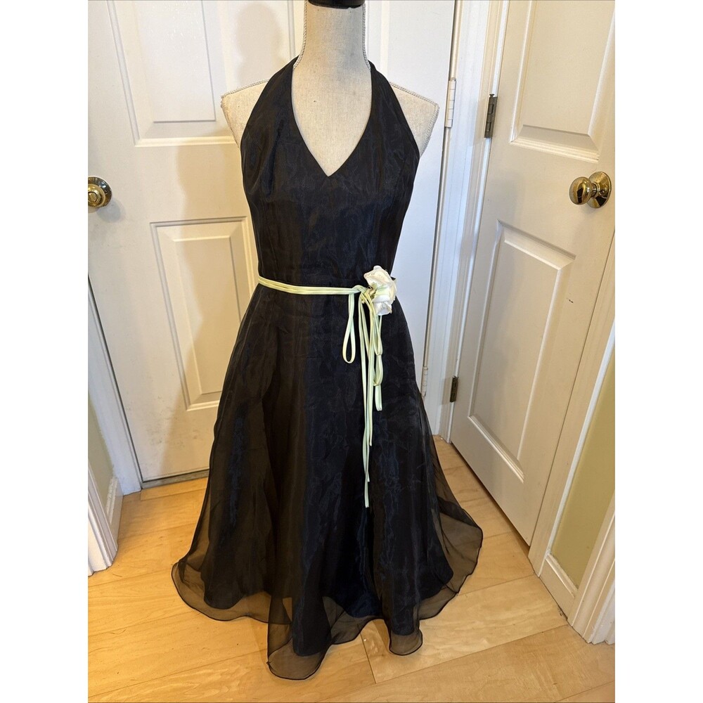 SWEET BLACK HALTER David’s Bridal Mint Green Belt Size 12 Dress With Rosettes